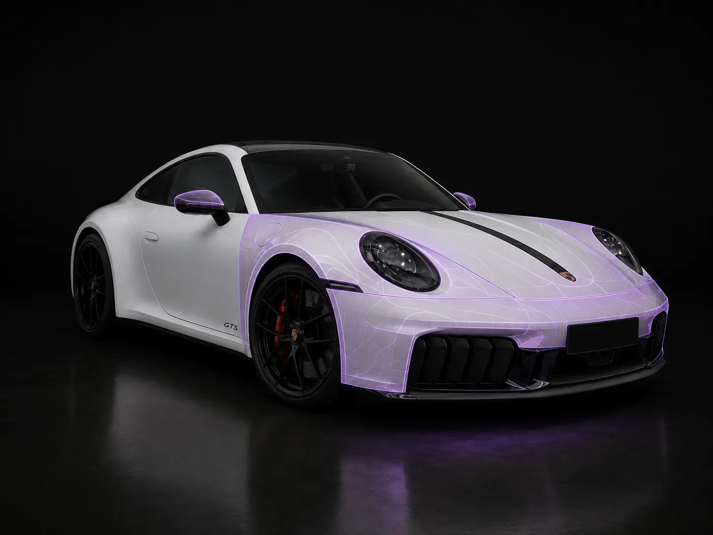 Porsche 911 mit technisch visualisiertem Lackschutzfolie-Frontpaket für Stoßfänger, Motorhaube, vordere Kotflügel und Außenspiegel