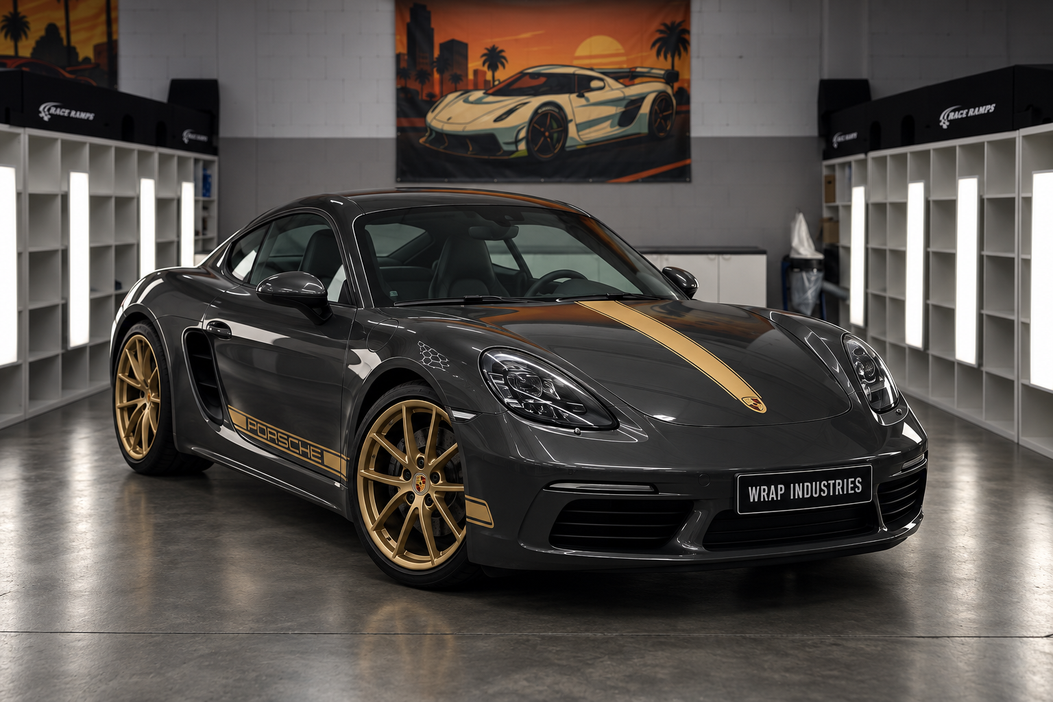 Retuschierte Visualisierung: gleicher Porsche mit klaren Reflexionen nach Aufbereitung und Versiegelung