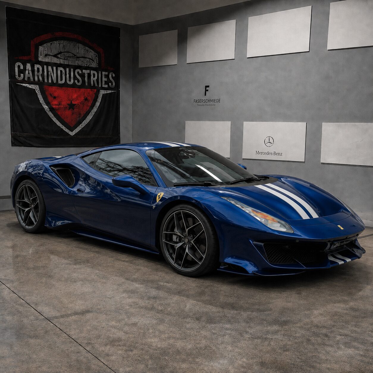 Blauer Ferrari mit hellen Streifen und Reflexionen auf der Karosserie