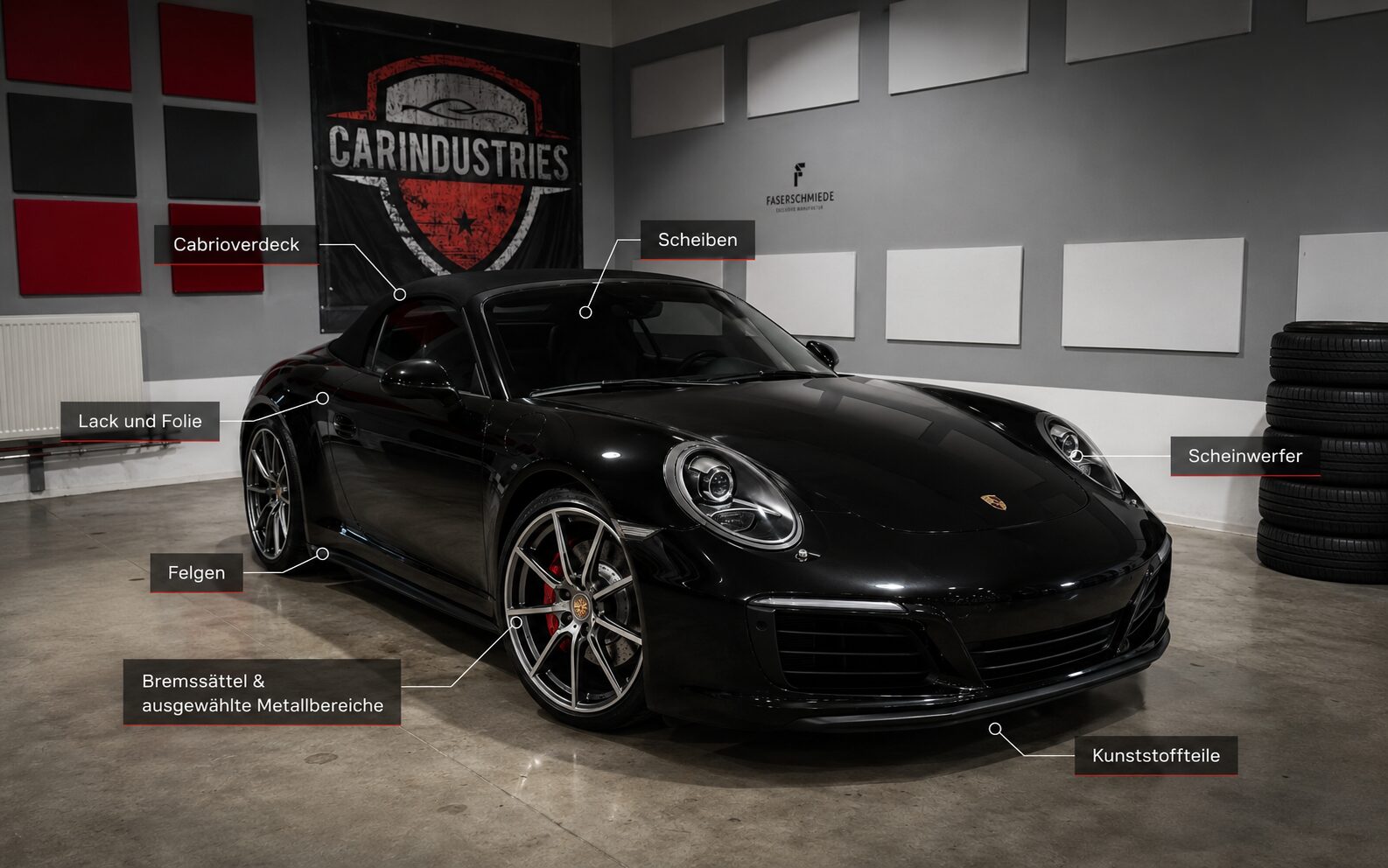 Porsche mit markierten versiegelbaren Bereichen für Keramikversiegelung